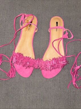 Matiko "Delilah" Hot Pink Fringe Lace-Up Sandals